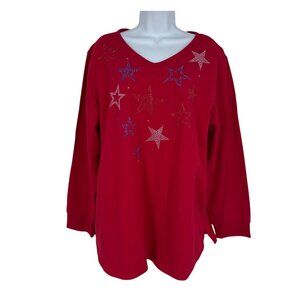 Quacker Factory Red V-Neck Long Sleeve Top With Rhinestone Star Design Size 1X